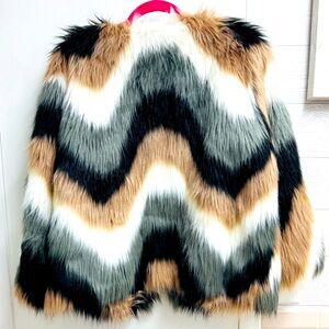 Guess Designer Brown/White/Black Faux Fur Coat Size Large